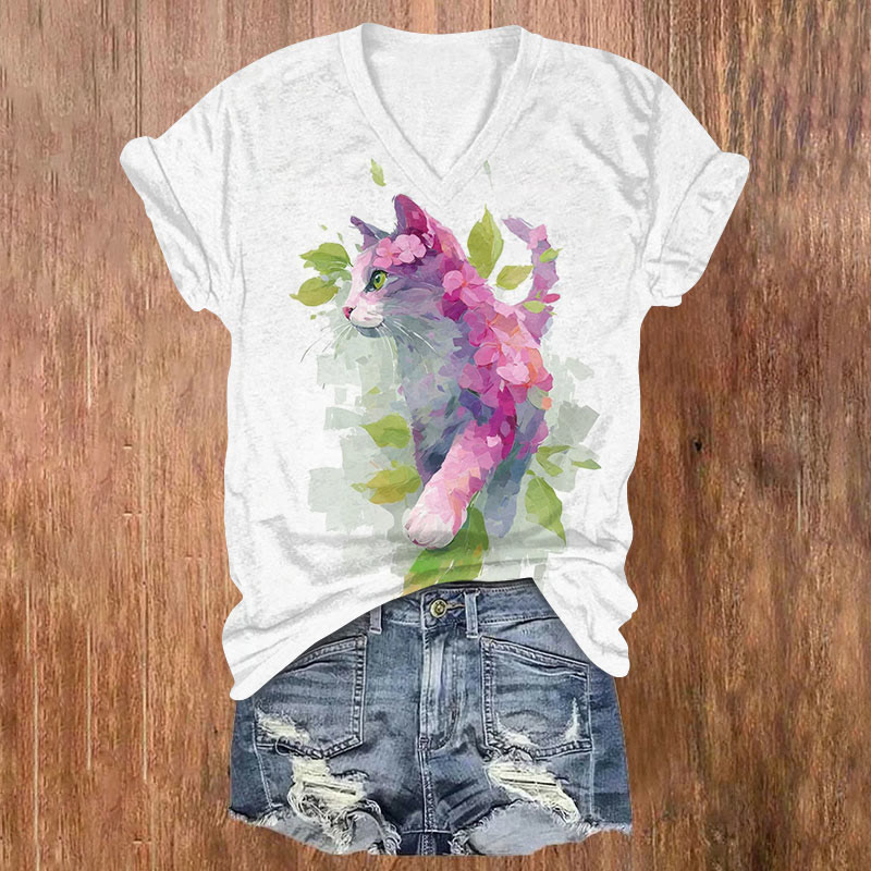Colorful Floral Cat Short Sleeved V-Neck T-Shirt - White - US32-34(5XL) - image 1