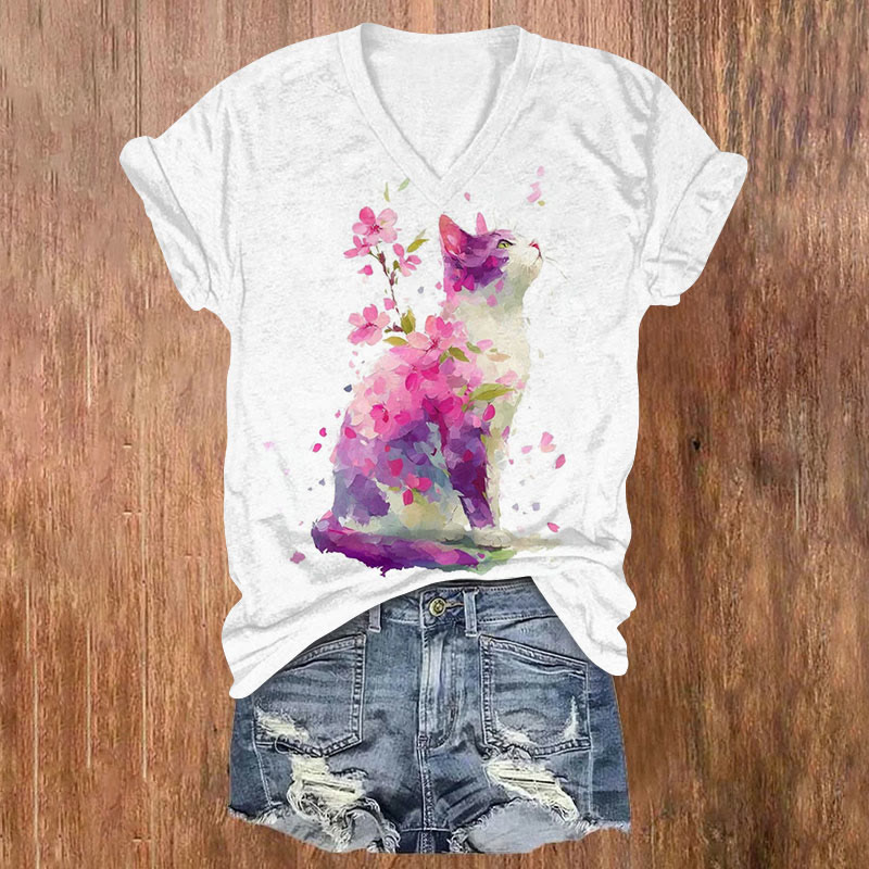 Colorful Floral Cat Short Sleeved V-Neck T-Shirt - White - US32-34(5XL) - image 1