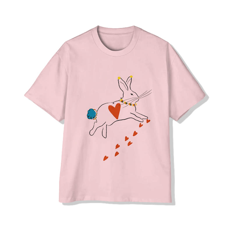 Unisex Valentine's Day Rabbit And Heart Print Short Sleeved Crew Neck T-Shirt - Pink - 2XL - image 2