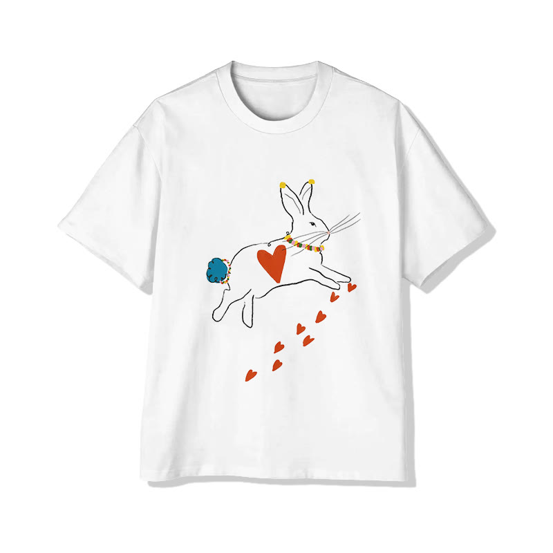 Unisex Valentine's Day Rabbit And Heart Print Short Sleeved Crew Neck T-Shirt - White - 2XL - image 1