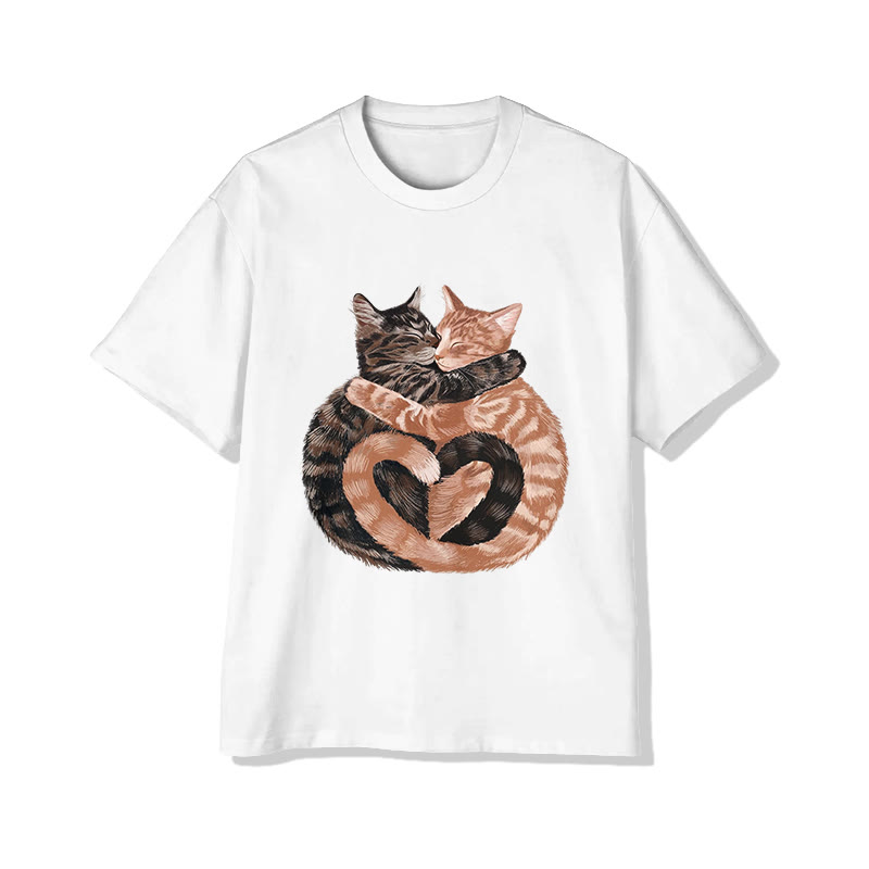Unisex Valentine's Day Heart Shaped Cat Print Short Sleeved Crew Neck T-Shirt - White - 2XL - image 2