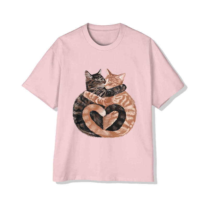 Unisex Valentine's Day Heart Shaped Cat Print Short Sleeved Crew Neck T-Shirt - Pink - 2XL - image 1