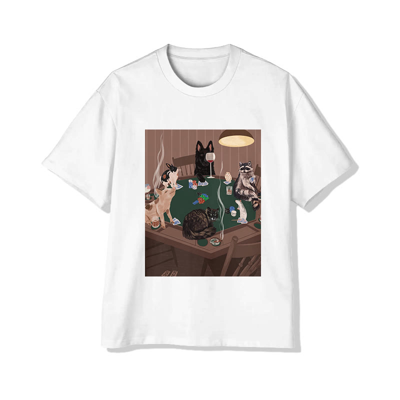 Unisex Vintage Animal Poker Night Print Short Sleeved Crew Neck T-Shirt - White - 2XL - image 2