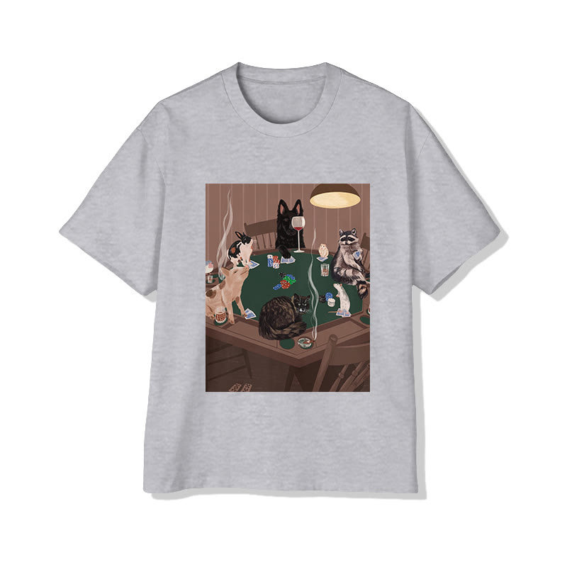 Unisex Vintage Animal Poker Night Print Short Sleeved Crew Neck T-Shirt - Grey - 2XL - image 1