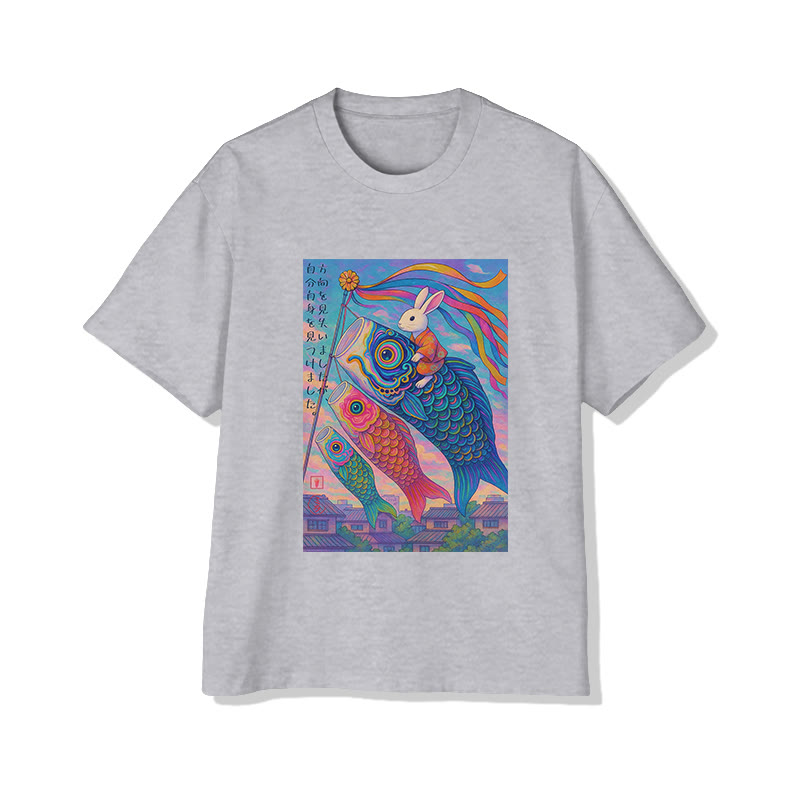 Unisex Japanese Koi Fish And Rabbits Print Short Sleeved Crew Neck T-Shirt - Grey - 2XL - image 2
