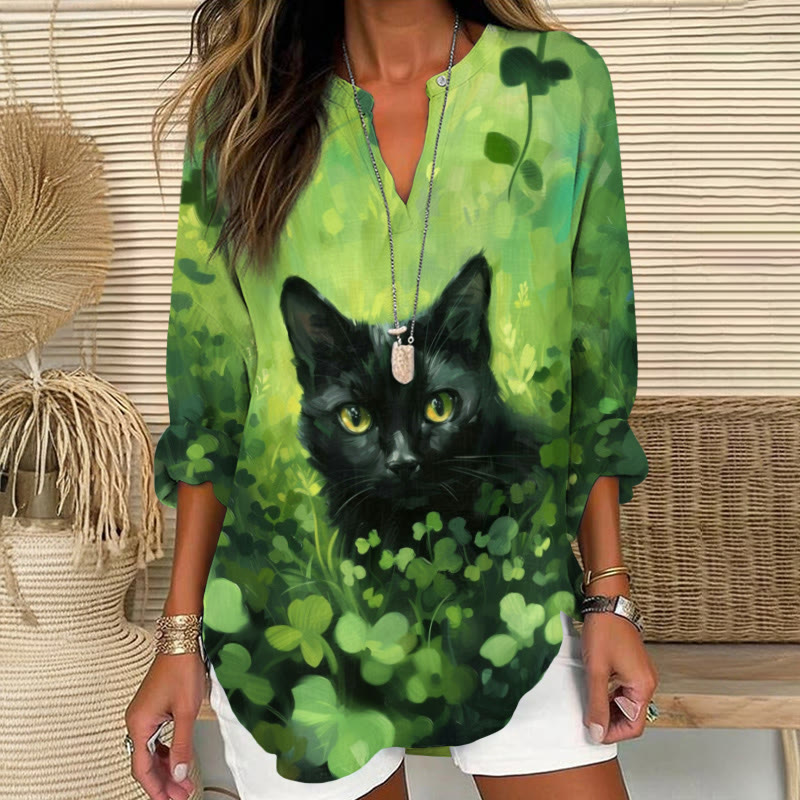 St. Patrick's Day Black Cat And Four Leaf Clover Art Print V Neck Long Sleeve Blouse - Green - 8XL - image 1