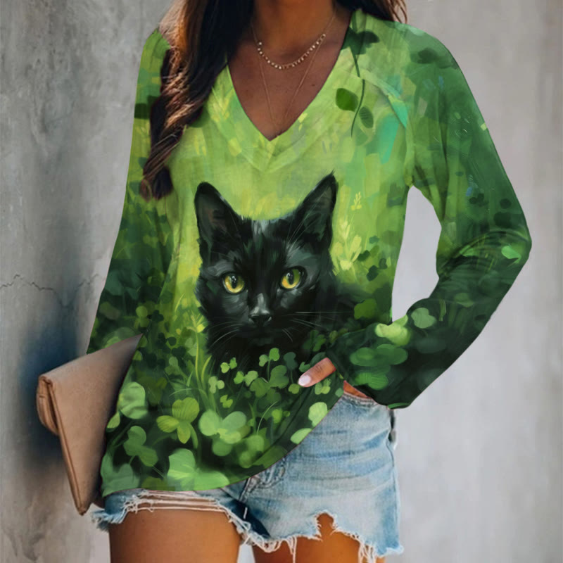 St. Patrick's Day Black Cat And Four Leaf Clover Art Print Long Sleeve T-shirt - Green - 5XL - image 1