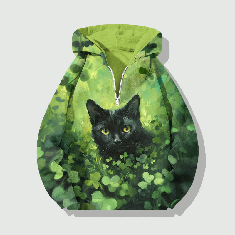 St. Patrick's Day Black Cat And Four Leaf Clover Print Half Zip Hoodie - Green - US32-34(5XL) - image 1