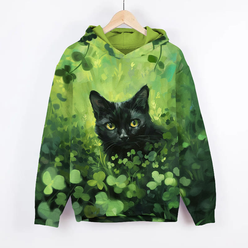 St. Patrick's Day Black Cat And Four Leaf Clover Print Long Sleeved Hoodie - Green - US44-46(8XL) - image 1