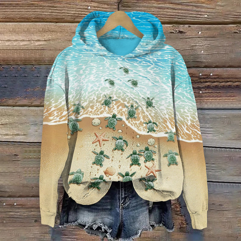 Ocean Beach Sea Turtles Print Long Sleeved Hoodie - Light Blue - US44-46(8XL) - image 1