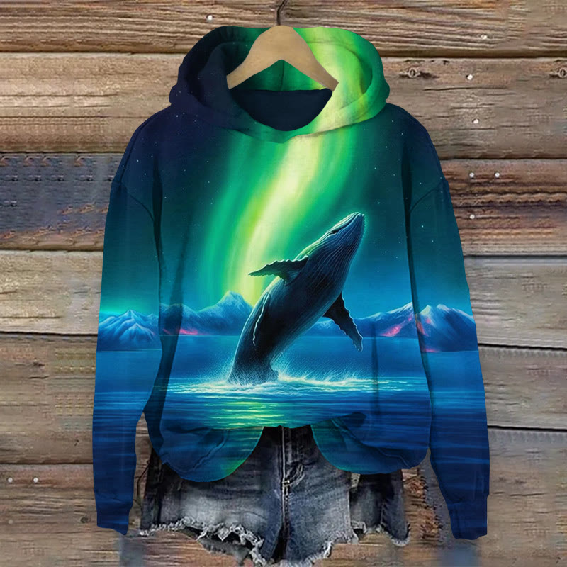  Aurora Whale Print Long Sleeved Hoodie - Dark Blue - US44-46(8XL) - image 1