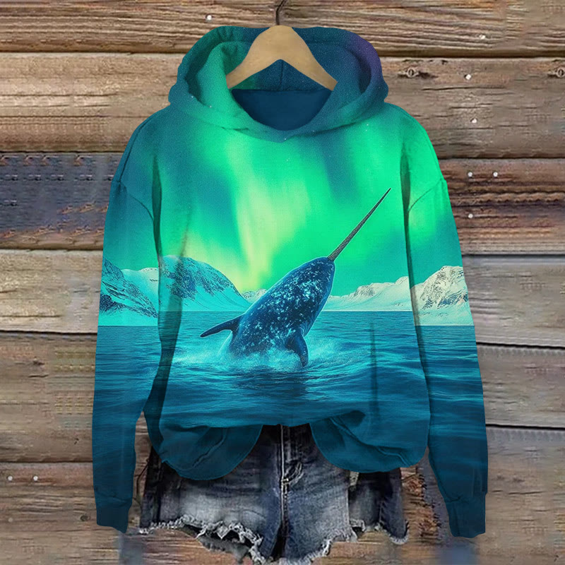  Aurora Narwhal Print Long Sleeved Hoodie - Blue - US44-46(8XL) - image 1