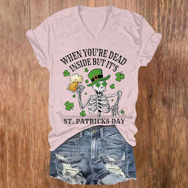Dead Inside Skeleton  St. Patrick's Day Mode Activated Short Sleeved V-Neck T-Shirt - Light Pink - US32-34(5XL) - image 2