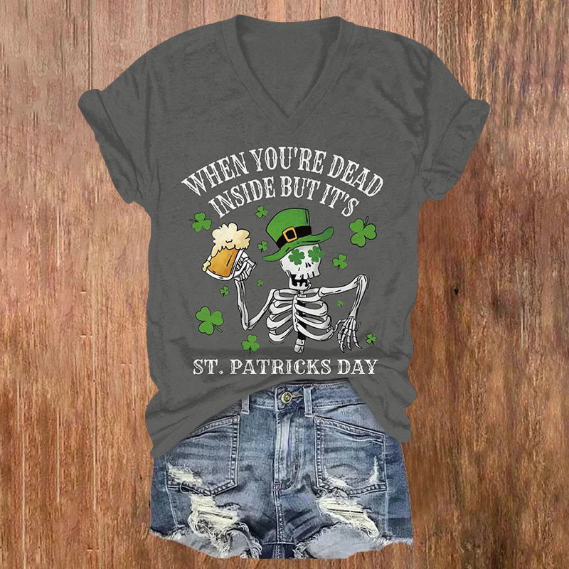 Dead Inside Skeleton  St. Patrick's Day Mode Activated Short Sleeved V-Neck T-Shirt - Grey - US32-34(5XL) - image 4