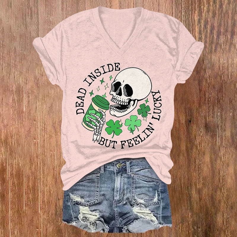 St. Patrick's Day Dead Inside But Feelin' Lucky Short Sleeved V-Neck T-Shirt - Light Pink - US32-34(5XL) - image 3
