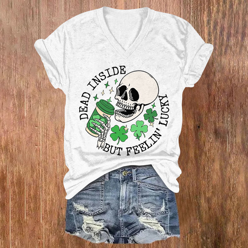St. Patrick's Day Dead Inside But Feelin' Lucky Short Sleeved V-Neck T-Shirt - White - US32-34(5XL) - image 2