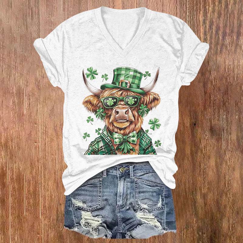 St. Patrick's Day Highland Cattle Print Short Sleeved V-Neck T-Shirt - White - US32-34(5XL) - image 2