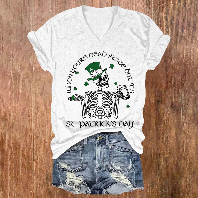 St. Patrick's Day Funny Skulls Print Short Sleeved V-Neck T-Shirt - White - US32-34(5XL) - image 2