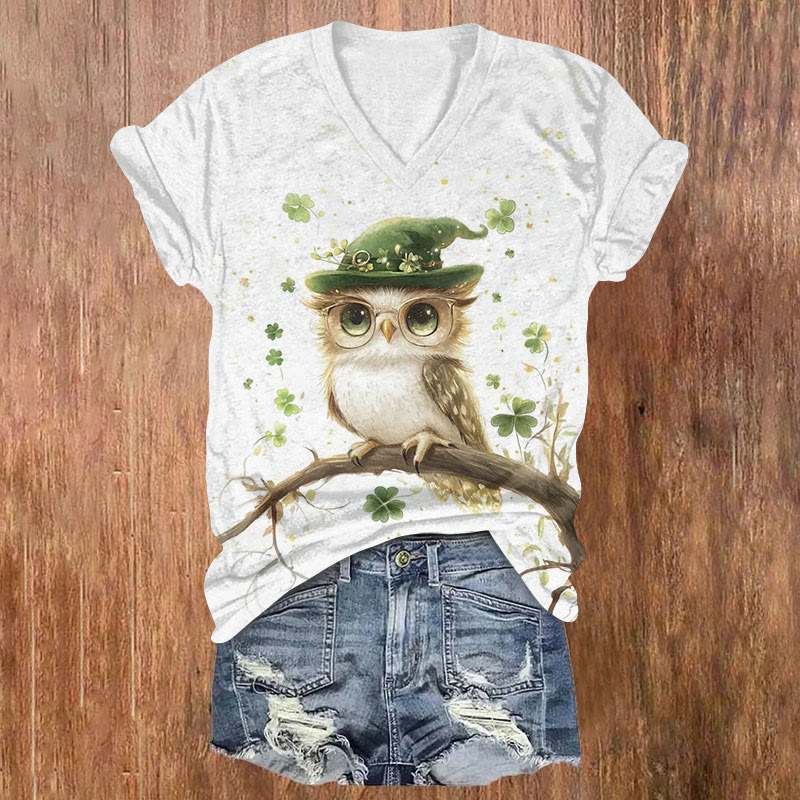 St. Patrick's Day Owl Print Short Sleeved V-Neck T-Shirt - White - US32-34(5XL) - image 1