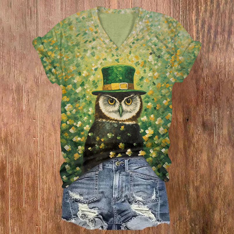 St. Patrick's Day Owl Wearing A Top Hat Print Short Sleeved V-Neck T-Shirt - Green - US32-34(5XL) - image 1