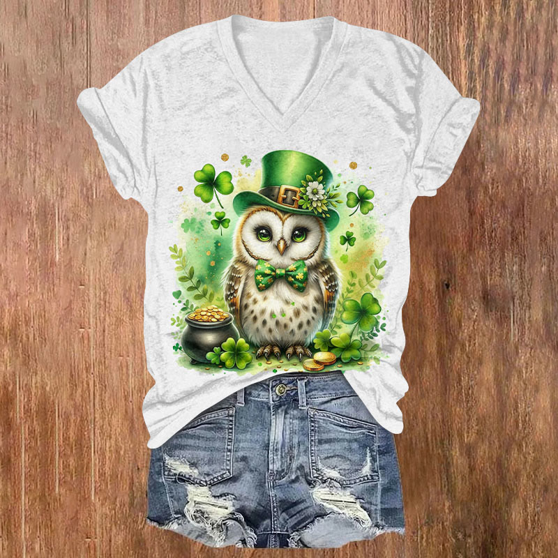 St. Patrick's Day Owl  Print Short Sleeved V-Neck T-Shirt - White - US32-34(5XL) - image 1