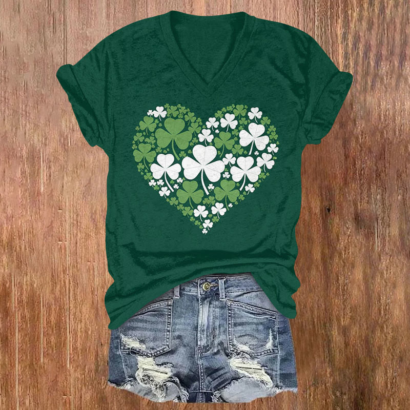St. Patrick's Day Clover Heart Print Short Sleeved V-Neck T-Shirt - Dark Green - US32-34(5XL) - image 1
