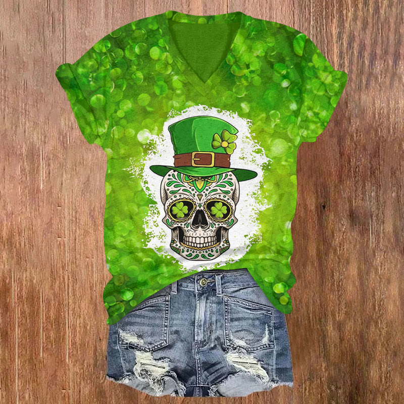 Saint Patrick's Day Skull Hat Print Short Sleeved V-Neck T-Shirt - Dark Green - US32-34(5XL) - image 1