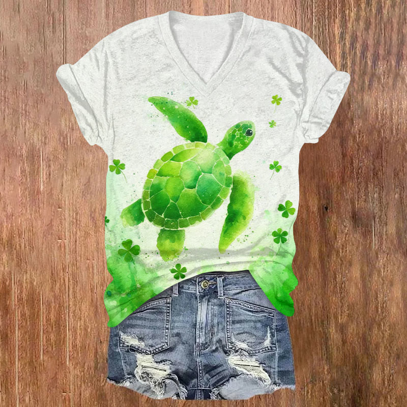 Saint Patrick's Day Sea ​​Turtle Print Short Sleeved V-Neck T-Shirt - White - US32-34(5XL) - image 1