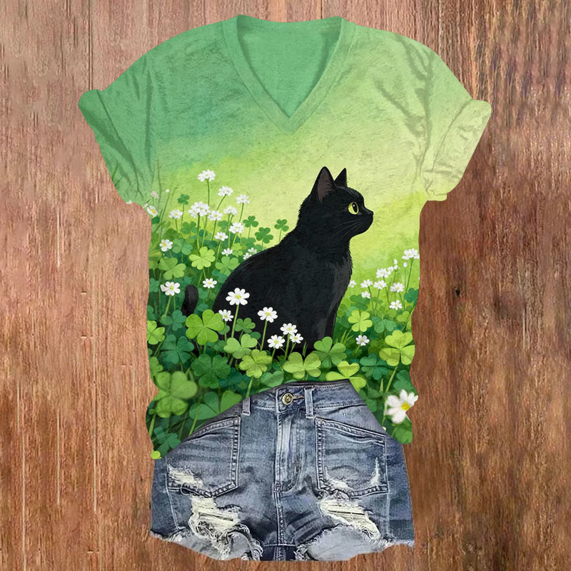Saint Patrick's Day Cats And April Grass Print Short Sleeved V-Neck T-Shirt - Green - US32-34(5XL) - image 1