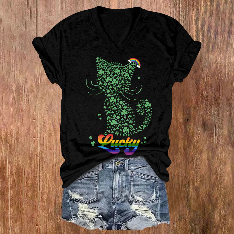 St. Patrick's Day Lucky Cat Print Short Sleeved V-neck T-shirt - Black - US32-34(5XL) - image 1