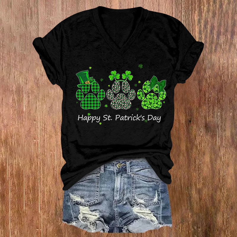 St. Patrick's Day Cat Paws Clover Print Short Sleeved V-neck T-shirt - Black - US32-34(5XL) - image 2