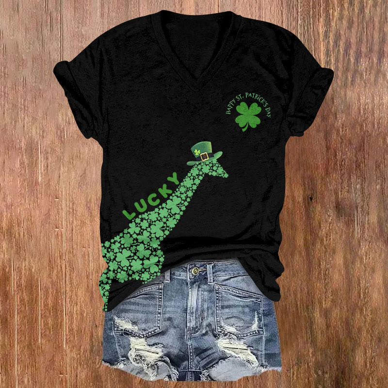 St. Patrick's Day Cute Giraffe Print Short Sleeved V-neck T-shirt - Black - US32-34(5XL) - image 3