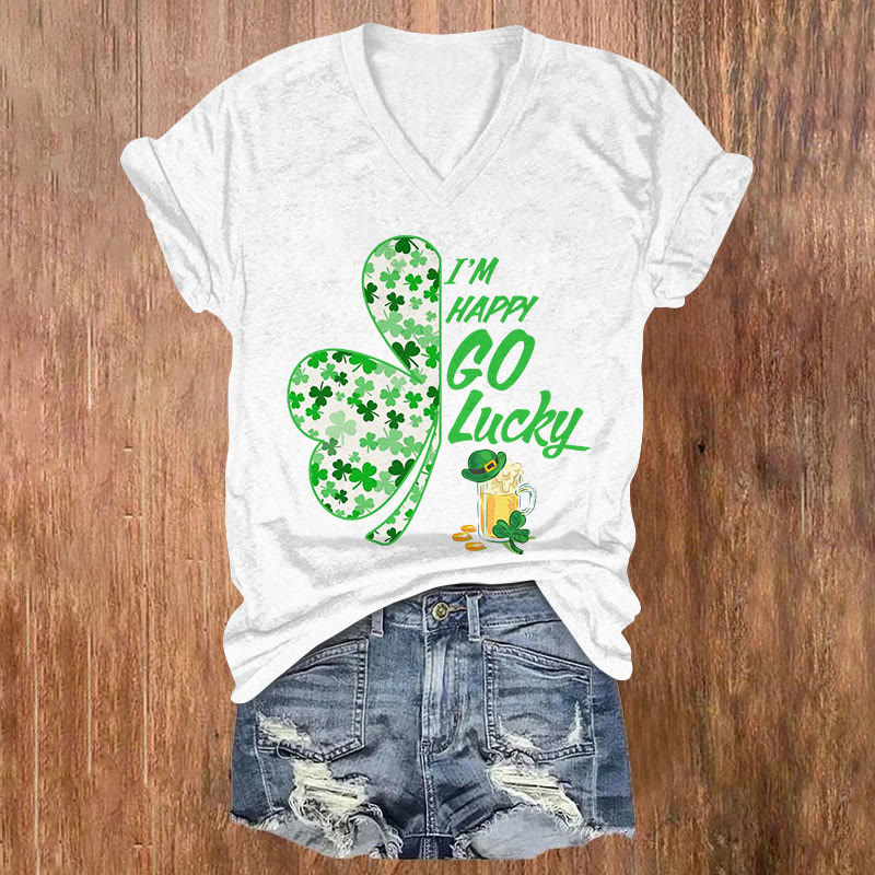 St. Patrick's Day I'm Happy Go Lucky Print Short Sleeved V-neck T-shirt - White - US32-34(5XL) - image 2