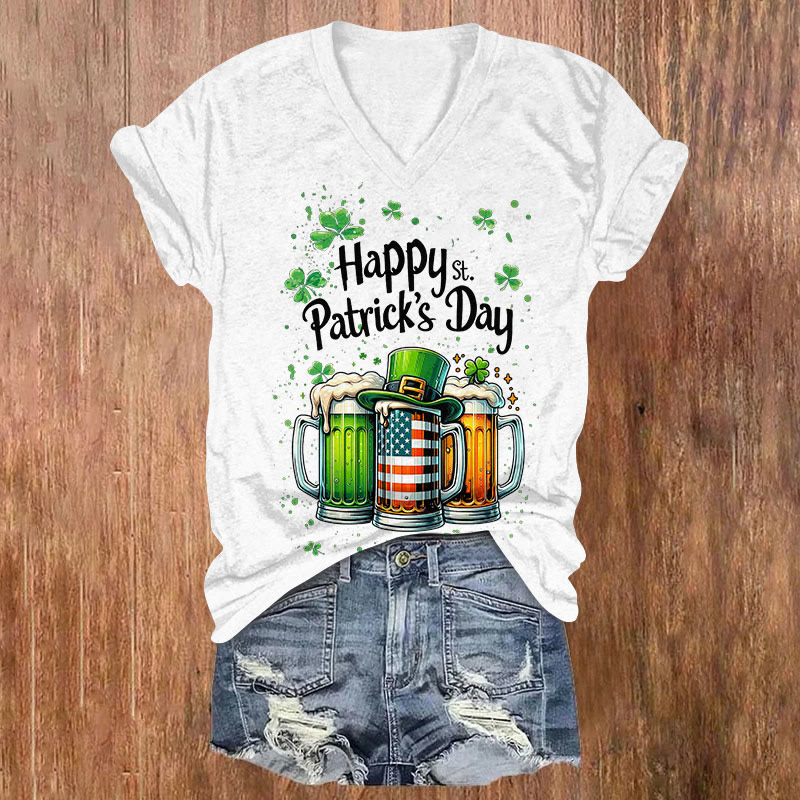 St. Patrick's Day Cheers Print Short Sleeved V-neck T-shirt - White - US32-34(5XL) - image 2