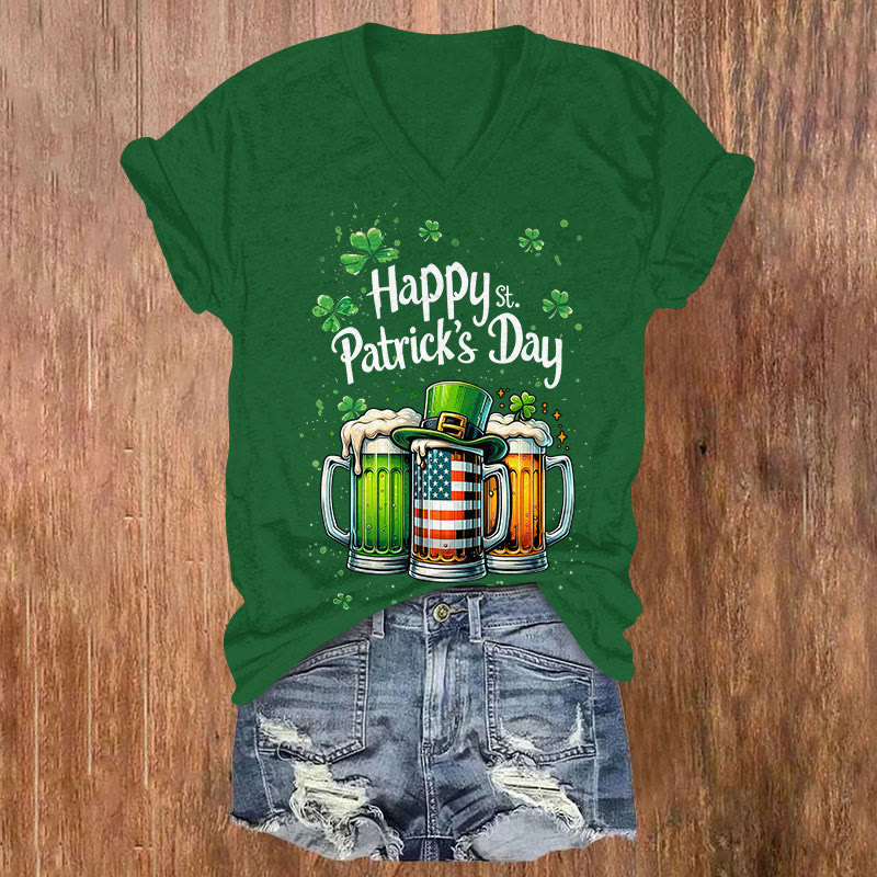 St. Patrick's Day Cheers Print Short Sleeved V-neck T-shirt - Green - US32-34(5XL) - image 1