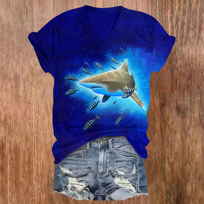 Vintage Ocean Shark & Fish Print Short Sleeved V-neck T-shirt - Blue - US32-34(5XL) - image 1