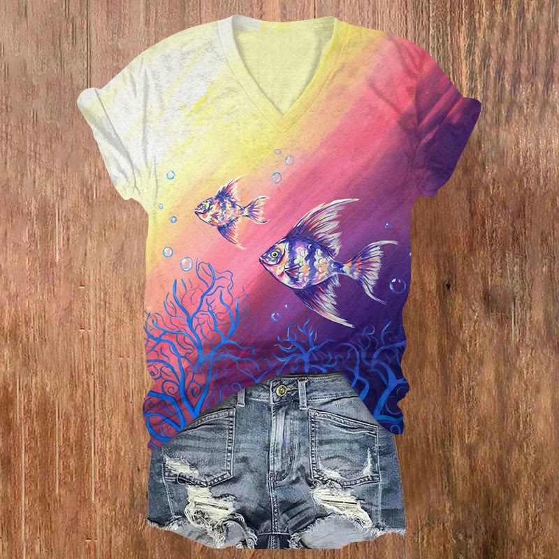 Colorful Striped Ugly Fish Print Short Sleeved V-neck T-shirt - Multicolor - US32-34(5XL) - image 1