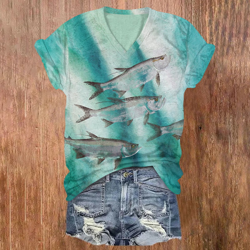Vintage Blurry Ocean Fish Print Short Sleeved V-neck T-shirt - Green - US32-34(5XL) - image 1