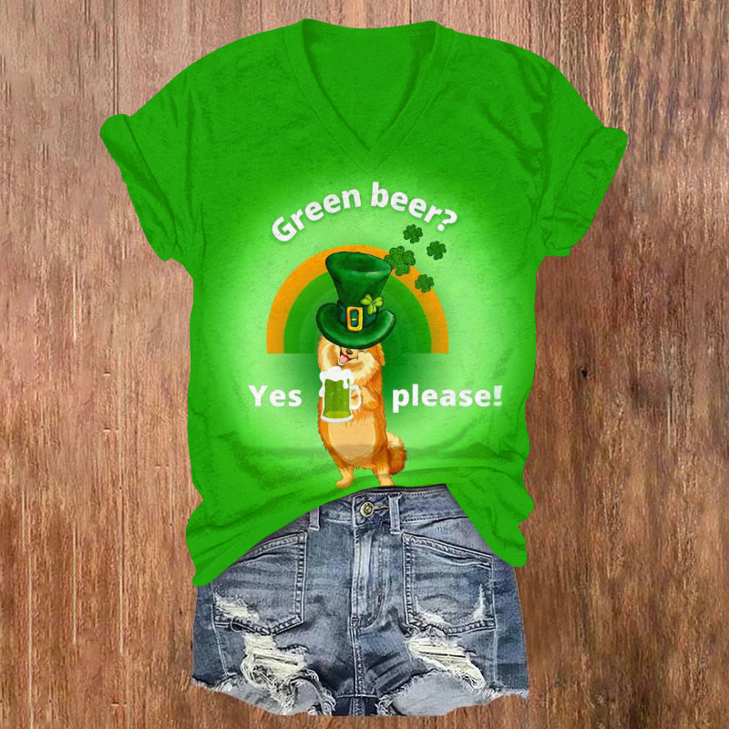 St. Patrick's Day Drink Beer Dog Print Short Sleeved V-Neck T-Shirt - Green - US32-34(5XL) - image 1