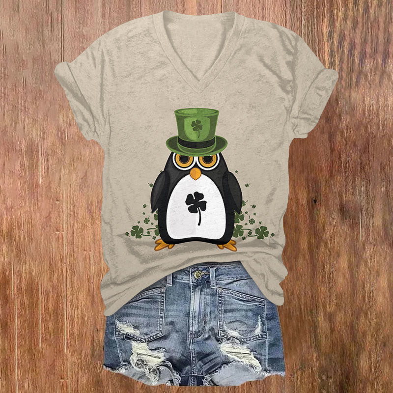 St. Patrick's Day Cute Penguin Print Short Sleeved V-Neck T-Shirt - Apricot - US32-34(5XL) - image 1
