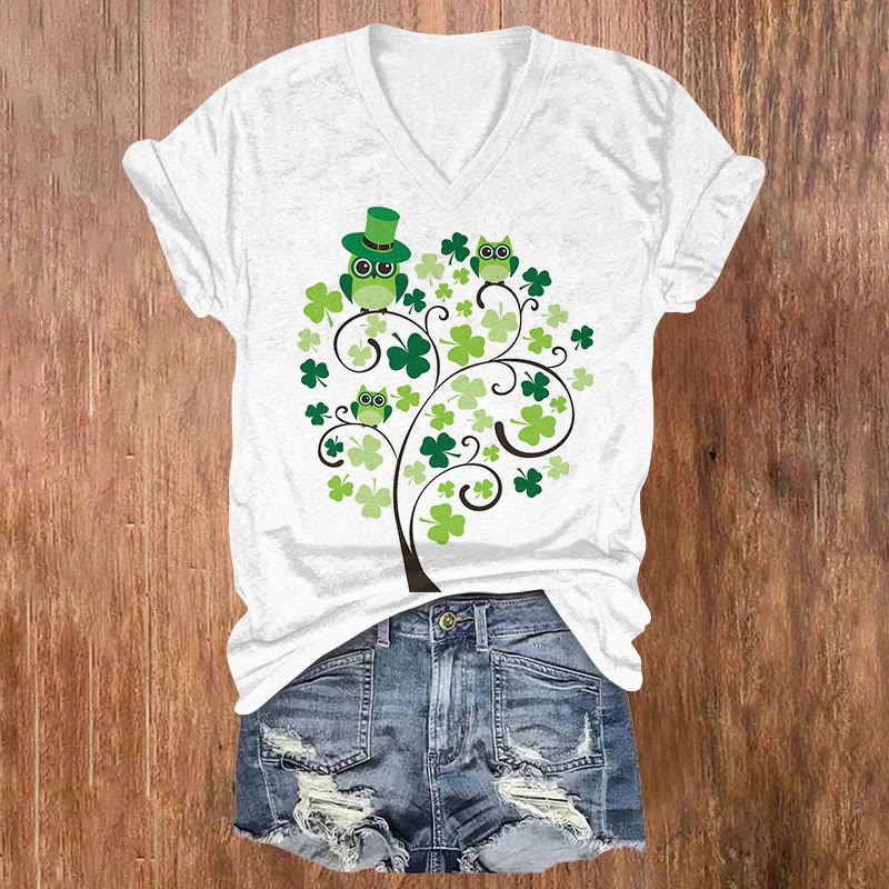 St. Patrick's Day Owl Tree Print Short Sleeved V-Neck T-Shirt - White - US32-34(5XL) - image 1