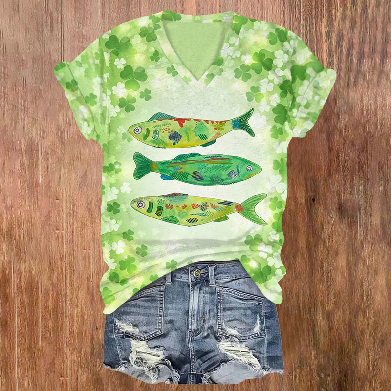 St. Patrick's Day Japanese Style Vintage Fish Print Short Sleeved V-Neck T-Shirt - Green - US32-34(5XL) - image 1