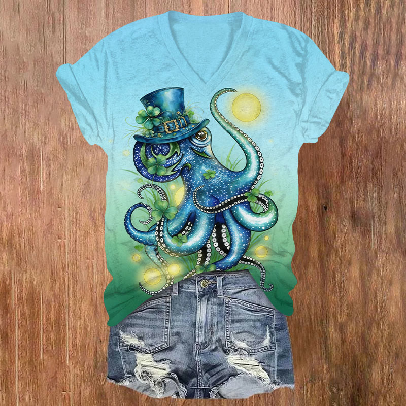 St. Patrick's Day Octopus Print Short Sleeved V-Neck T-Shirt - Blue - US32-34(5XL) - image 1