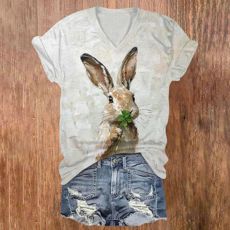 St. Patrick's Day Rabbits And April Grass Print Short Sleeved V-Neck T-Shirt - Grey - US32-34(5XL) - image 1
