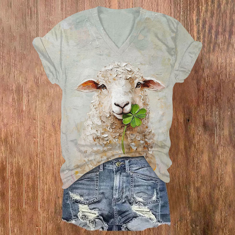 St. Patrick's Day Sheep And April Grass Print Short Sleeved V-Neck T-Shirt - Grey - US32-34(5XL) - image 1