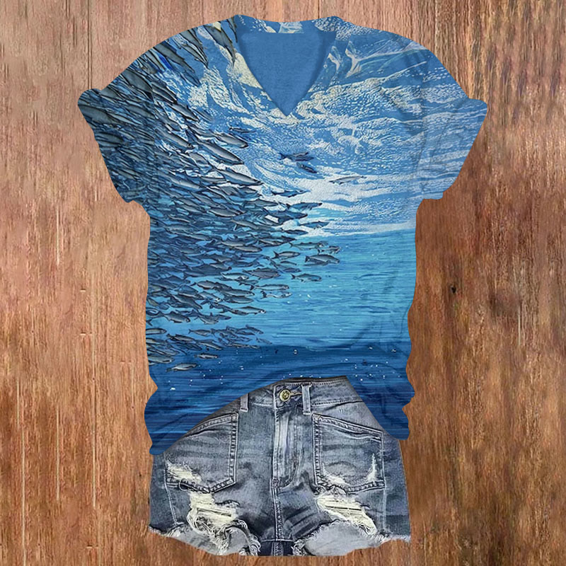 St. Patrick's Day Retro School Of Fish Print Short Sleeved V-Neck T-Shirt - Blue - US32-34(5XL) - image 1