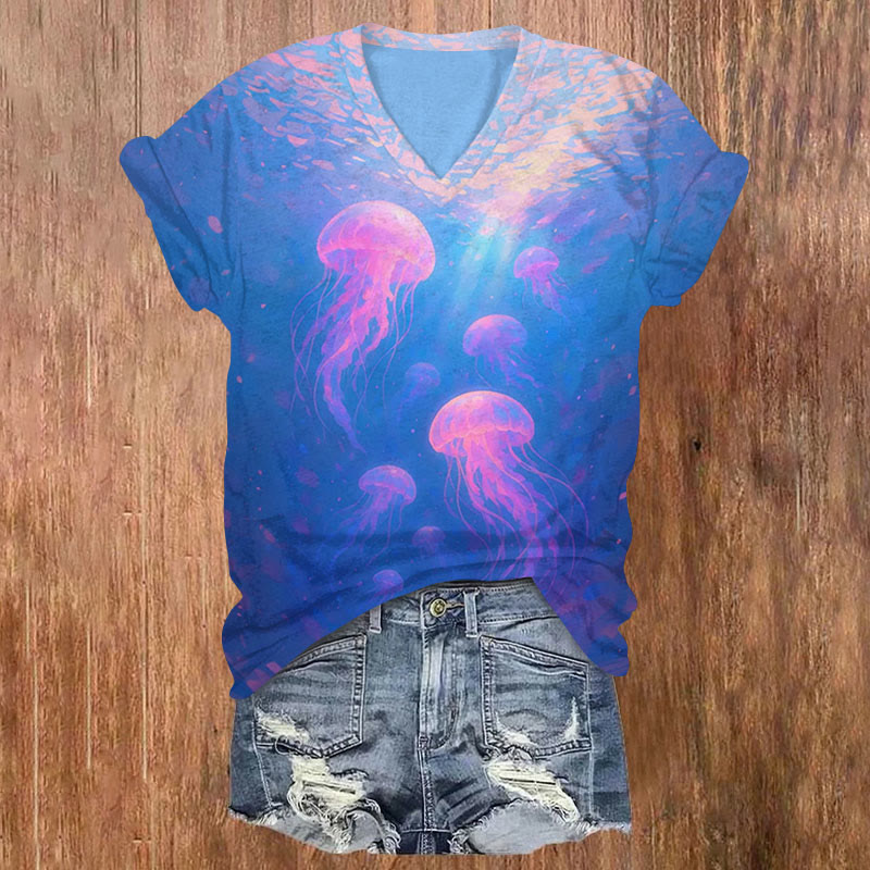 St. Patrick's Day Marine Jellyfish Print Short Sleeved V-Neck T-Shirt - Blue - US32-34(5XL) - image 1