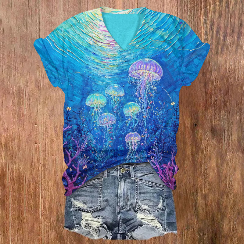St. Patrick's Day Ocean Watercolor Jellyfish Print Short Sleeved V-Neck T-Shirt - Blue - US32-34(5XL) - image 1