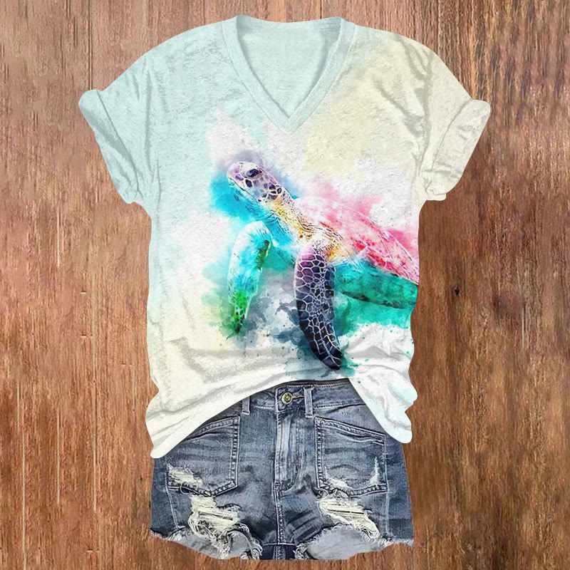 Watercolor Turtle Print Short Sleeved V-Neck T-Shirt - Light Blue - US32-34(5XL) - image 1