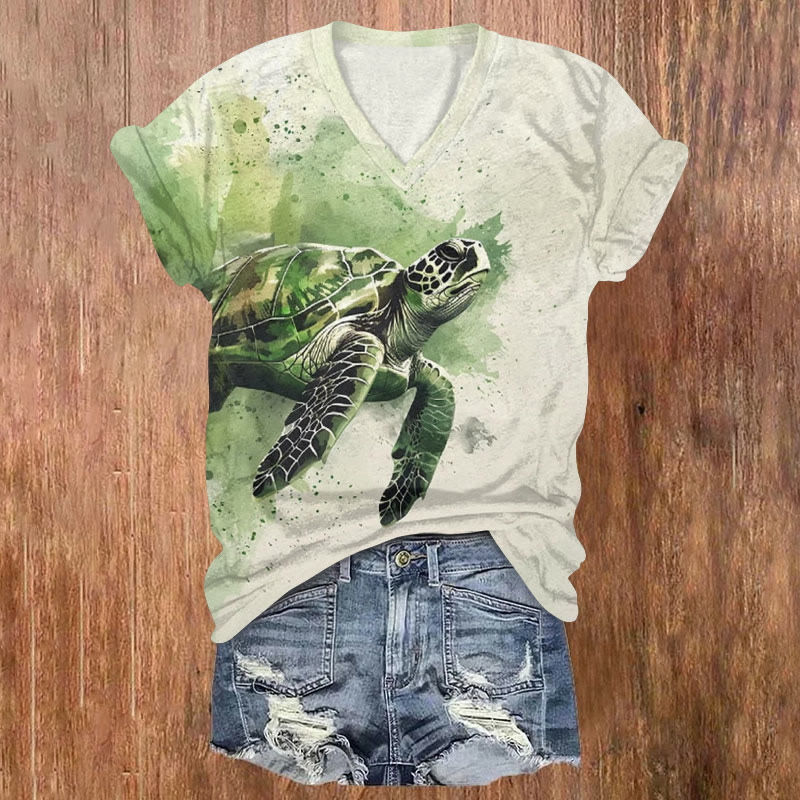 Retro Turtle Print Short Sleeved V-Neck T-Shirt - Light Green - US32-34(5XL) - image 1
